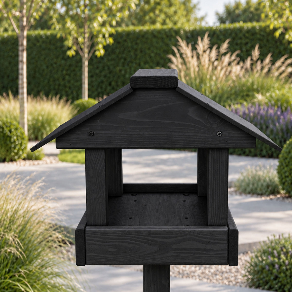 Meadows Wooden Bird Table with Black Roof & Multi-Feeding Station - Garden Wild Bird Station