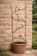 Black Metal Trellis Panel - Twig, Leaf & Bird Decorative Garden Wall Trellis