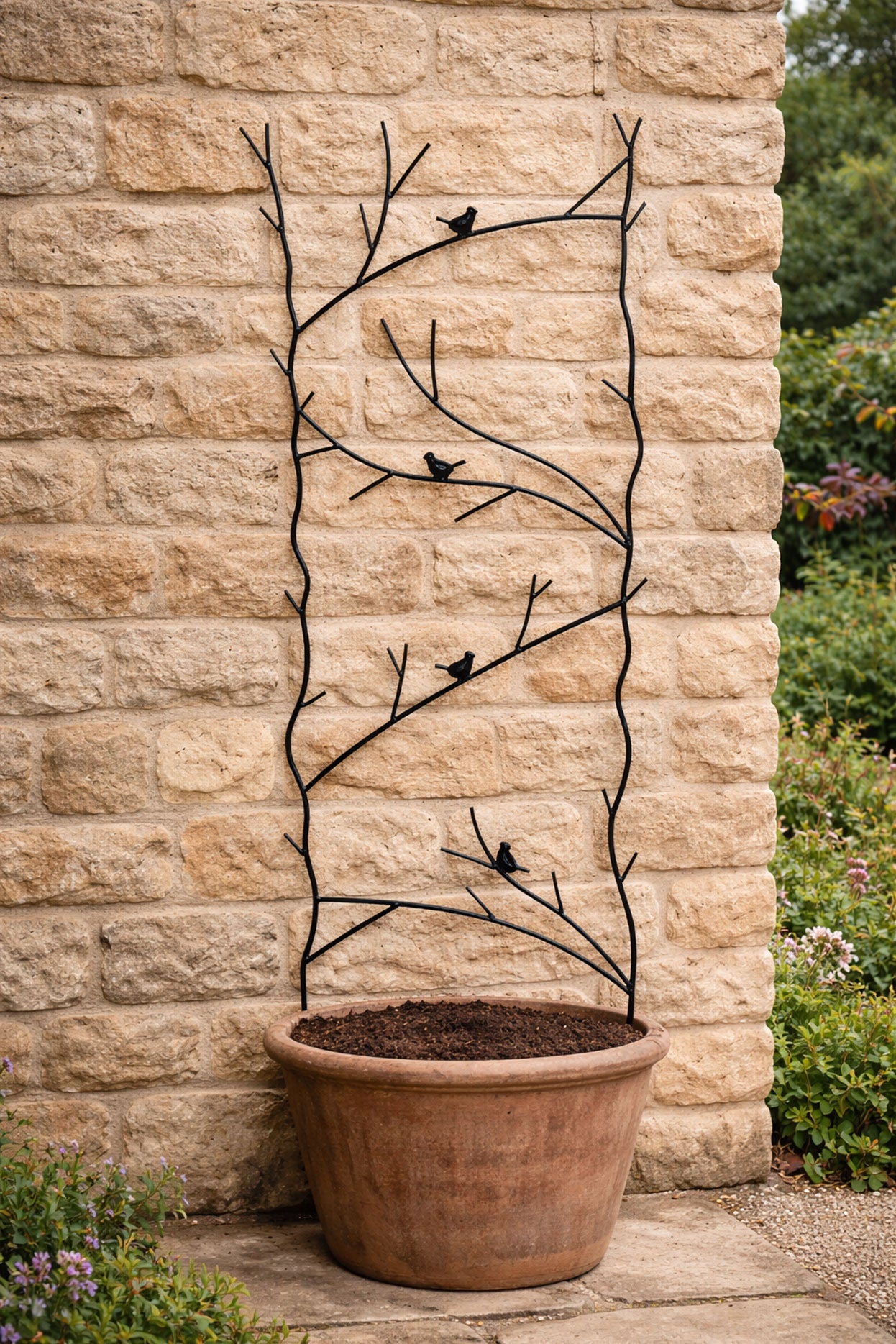 Black Metal Trellis Panel - Twig, Leaf & Bird Decorative Garden Wall Trellis