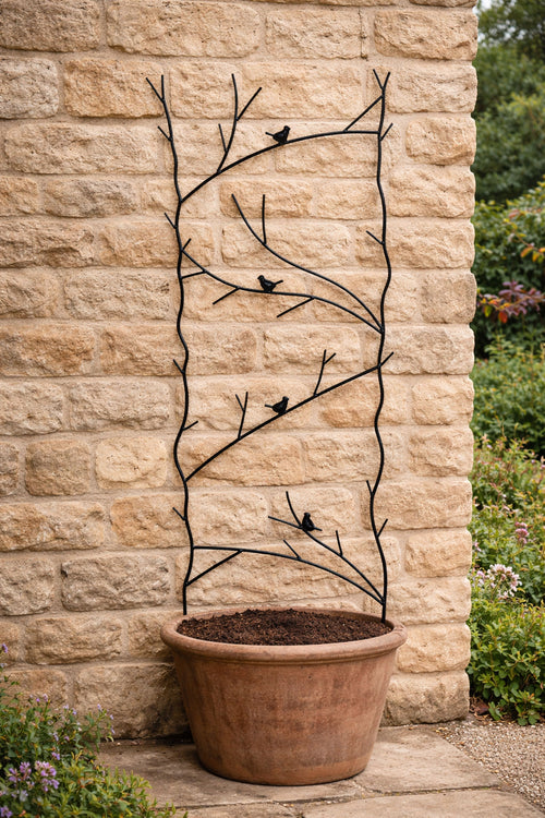 Black Metal Trellis Panel - Twig, Leaf & Bird Decorative Garden Wall Trellis