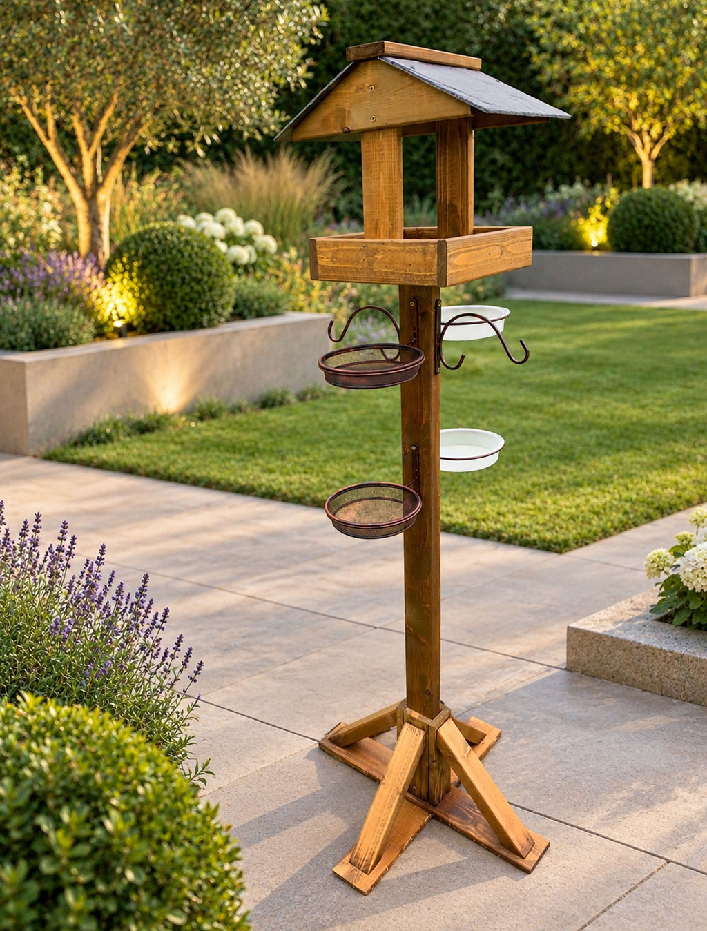 Wooden Garden Bird Table Feeding Station with Real Slate Roof, Feeding Trays, Water Dishes, Hanging Hooks & 4 Heavy Duty Stabiliser Pegs