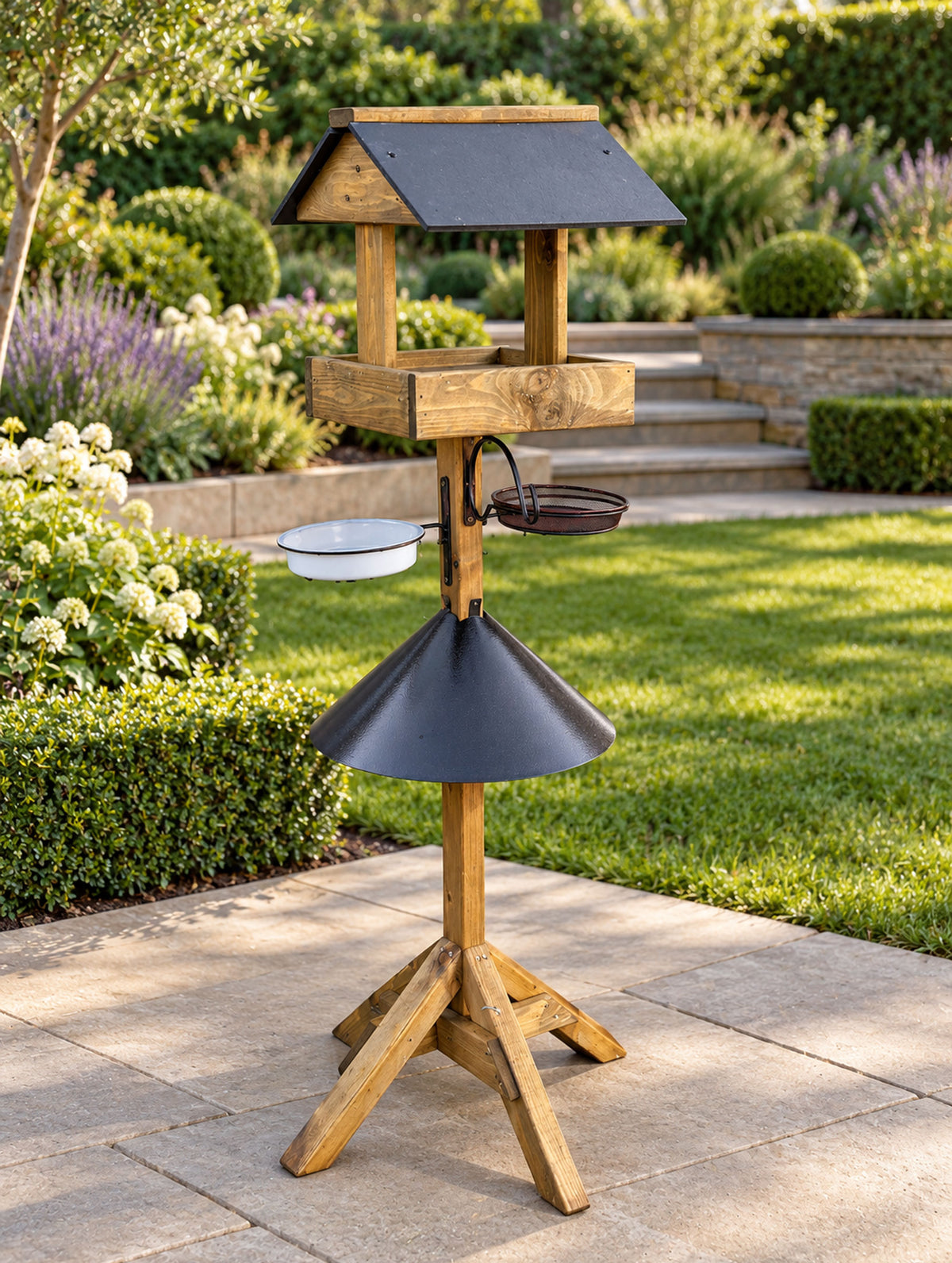 Wooden Garden Bird Feeding Station with Squirrel Baffle, Water Bowl & Mesh Tray - Coverham