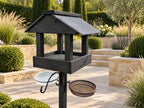 Black Wooden Bird Table with Genuine Slate Roof, Bird Bath, Feeding Tray & Feeder Station