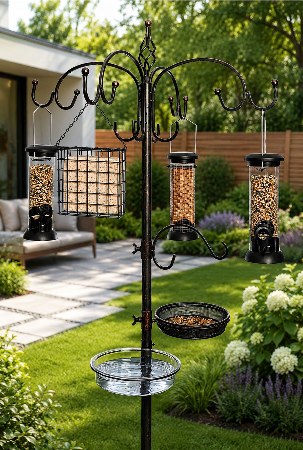Bronze All-in-One Garden Bird Feeding Station with Feeders & Water Dis