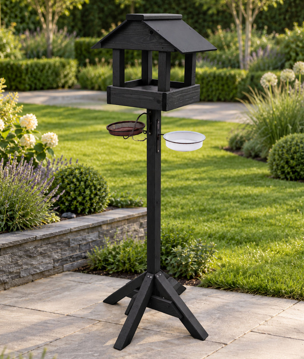 Meadows Wooden Bird Table with Black Roof & Multi-Feeding Station - Garden Wild Bird Station