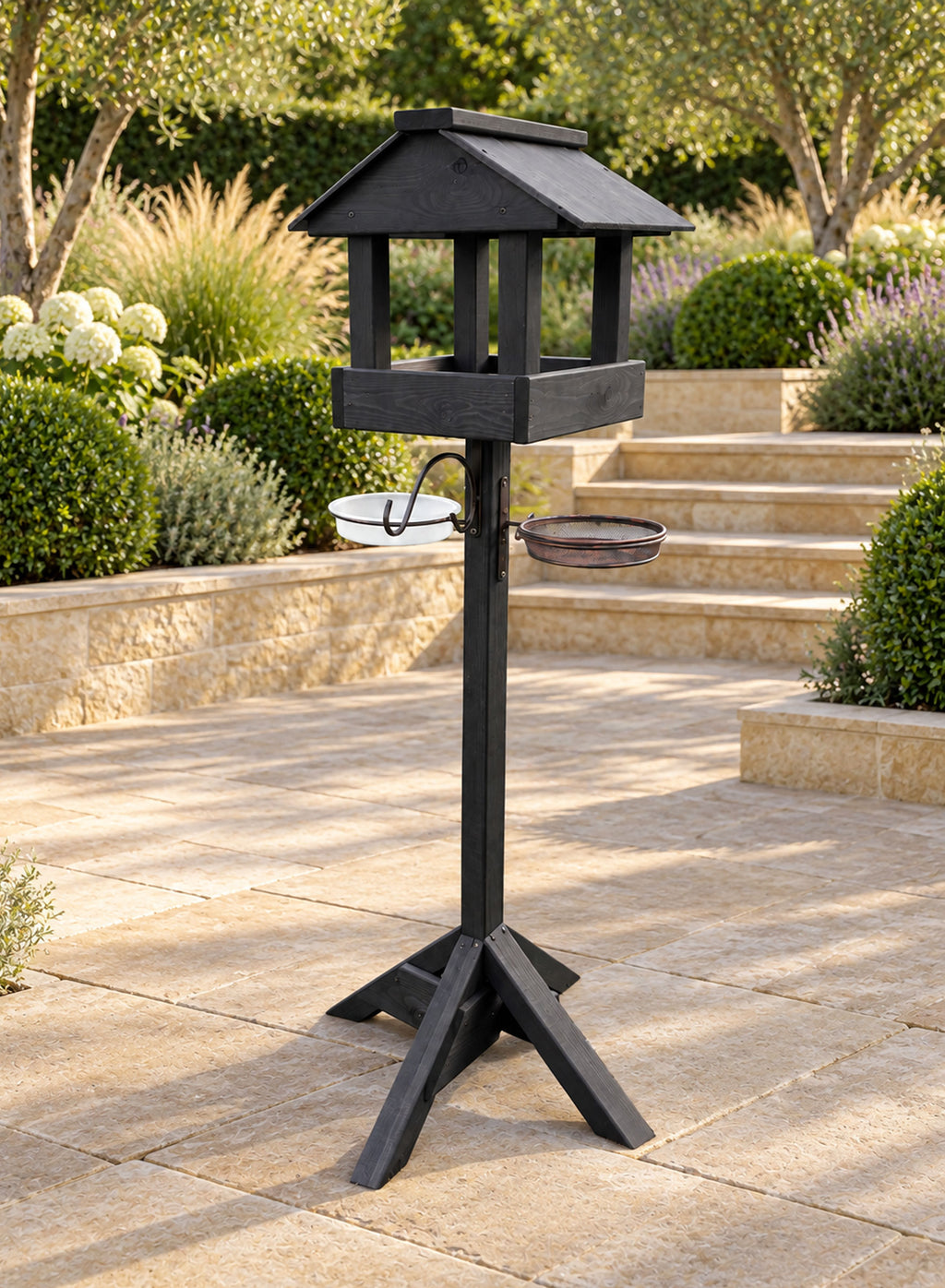 Black Wooden Bird Table with Genuine Slate Roof, Bird Bath, Feeding Tray & Feeder Station