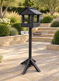Black Wooden Bird Table with Genuine Slate Roof, Bird Bath, Feeding Tray & Feeder Station