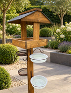 Wooden Garden Bird Table Feeding Station with Real Slate Roof, Feeding Trays, Water Dishes, Hanging Hooks & 4 Heavy Duty Stabiliser Pegs