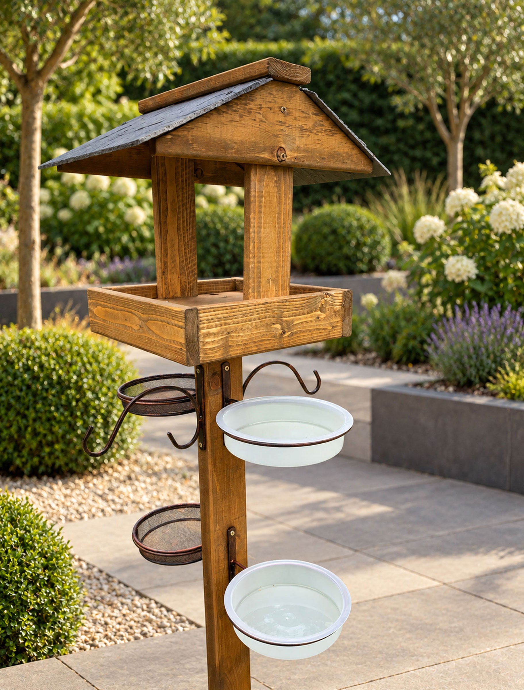 Wooden Garden Bird Table Feeding Station with Real Slate Roof, Feeding Trays, Water Dishes, Hanging Hooks & 4 Heavy Duty Stabiliser Pegs