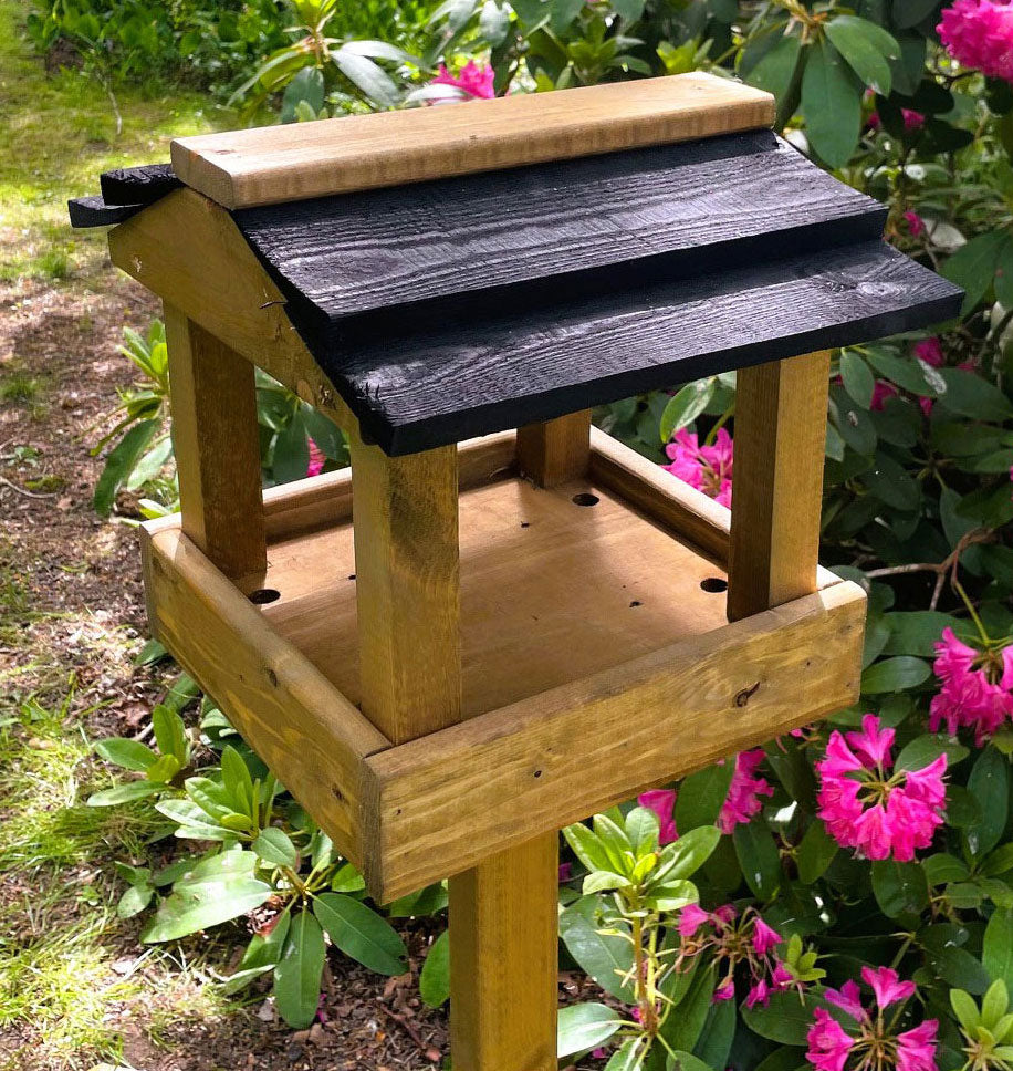 Elegant Black Roof Wooden Bird Table – Perfect Garden Feeder for Birds