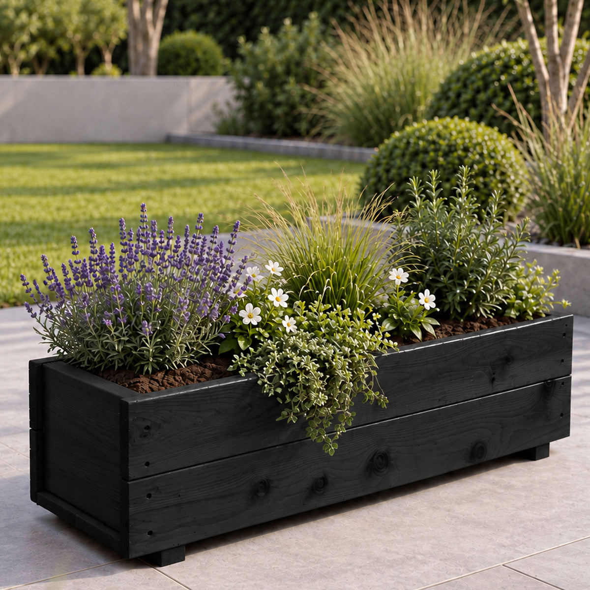 Twin Pack Black Wooden Garden Planters Heavy Duty Flower Plant Trough Boxes Fully Assembled  Patio Herb 80cm Long