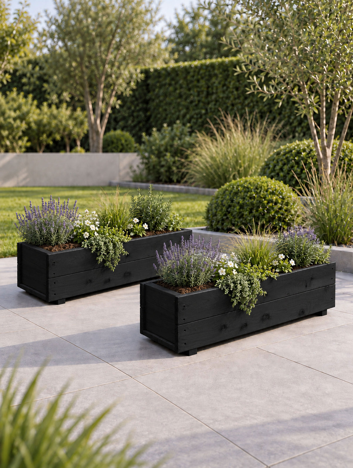 Twin Pack Black Wooden Garden Planters Heavy Duty Flower Plant Trough Boxes Fully Assembled  Patio Herb 80cm Long
