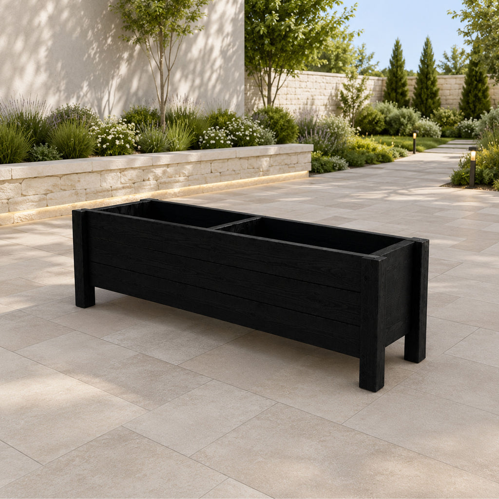 Raised Wooden Planter Trough - Handcrafted Black Timber Planter with Elevated Base