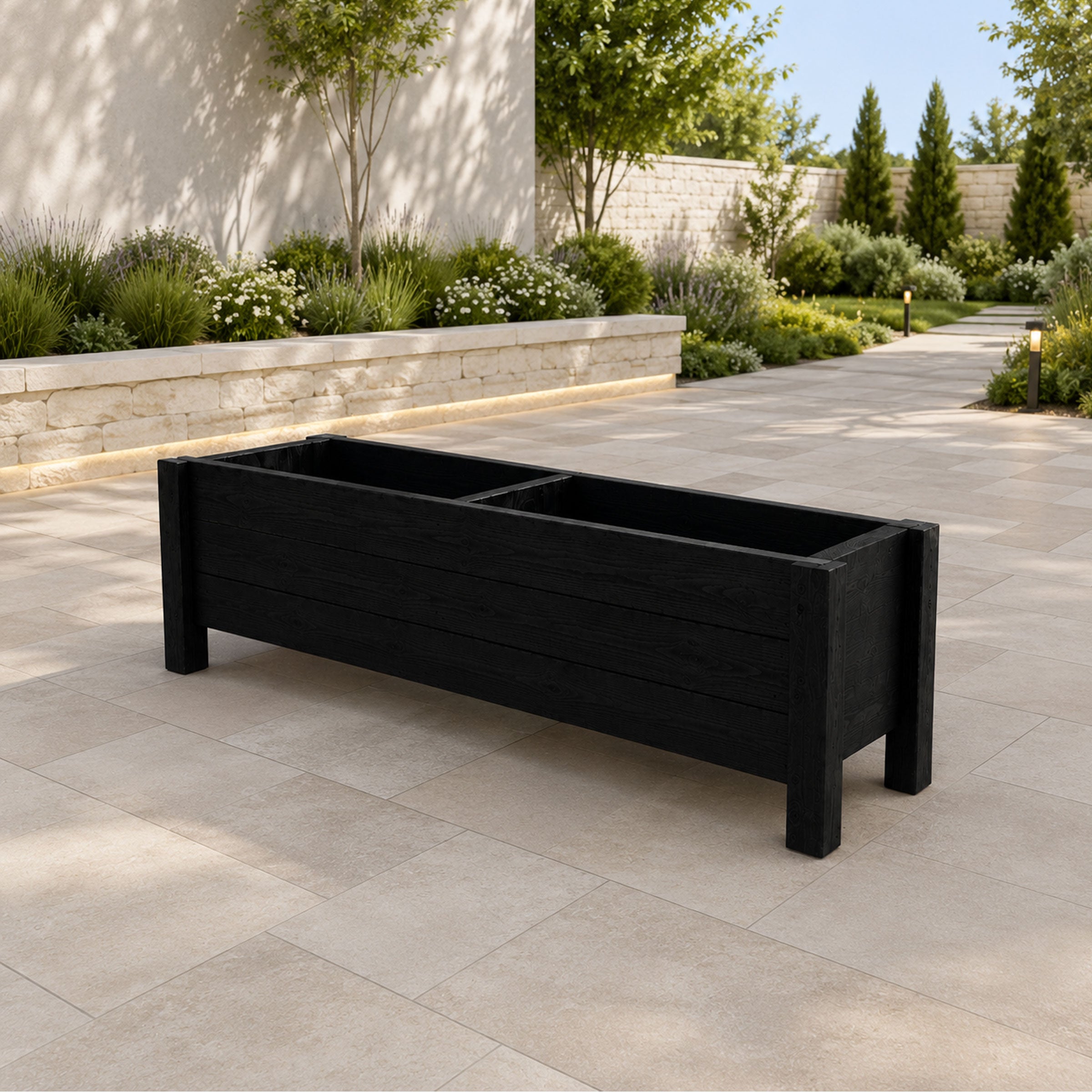 Raised Wooden Planter Trough - Handcrafted Black Timber Planter with Elevated Base