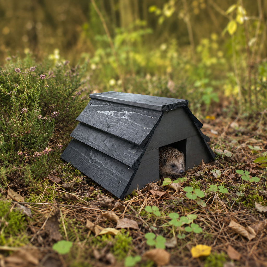 Black Wooden Garden Hedgehog House - Fully Assembled Hibernation Nest Box & Shelter