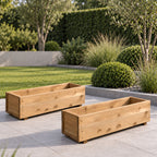 Twin Pack Tan Wooden Garden Planters Heavy Duty Flower Plant Trough Boxes Patio Herb 80cm Long  Fully Assembled