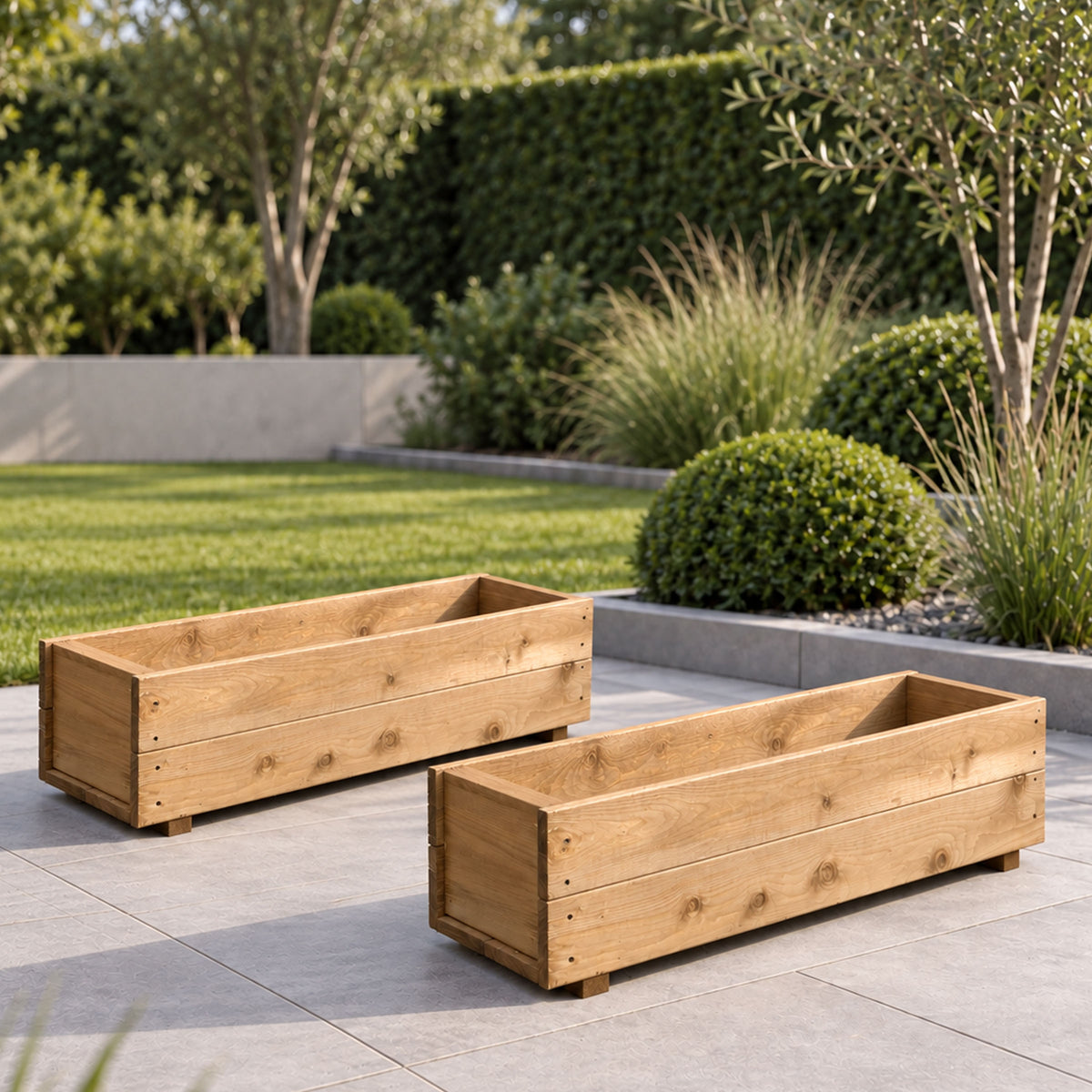 Twin Pack Tan Wooden Garden Planters Heavy Duty Flower Plant Trough Boxes Patio Herb 80cm Long  Fully Assembled