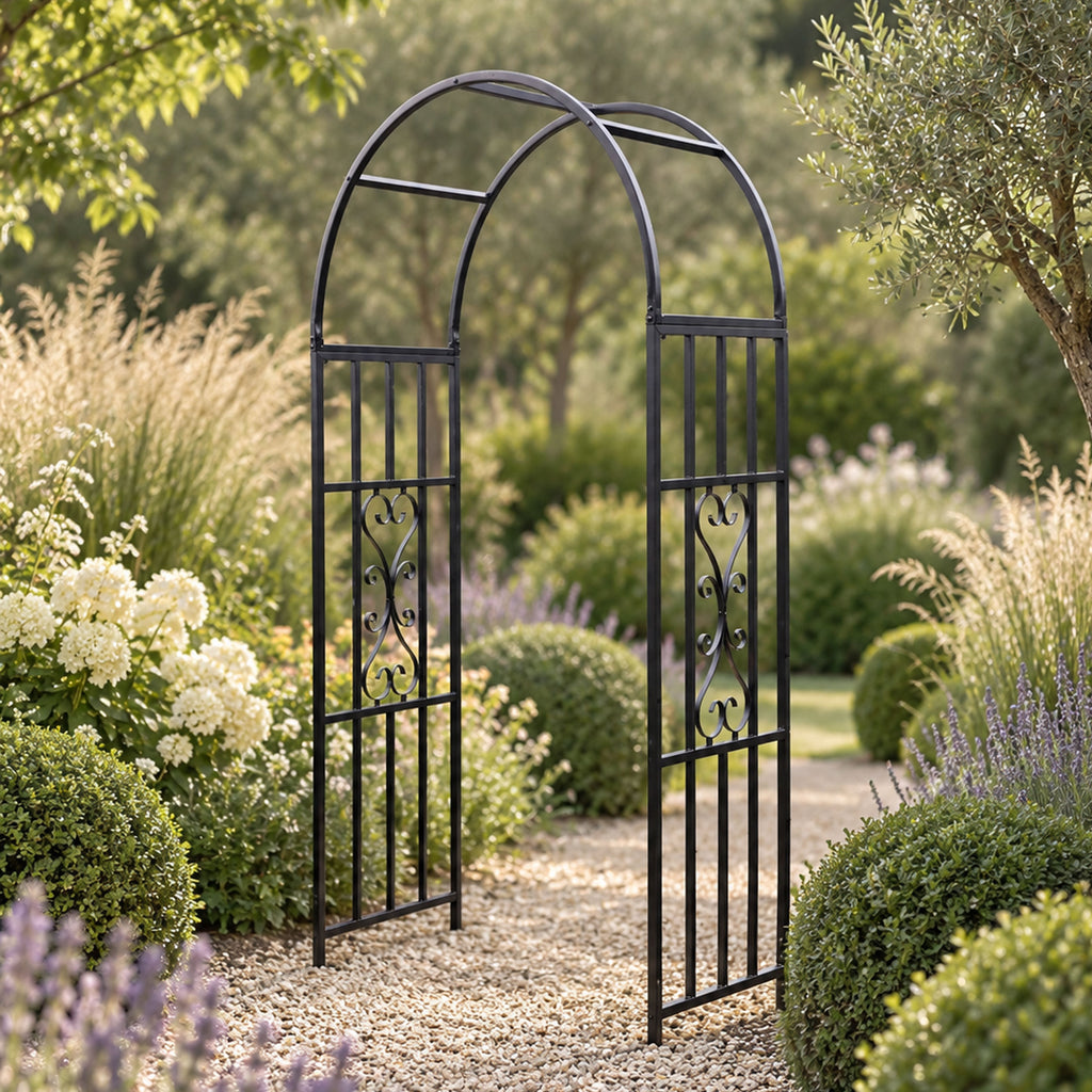Metal Garden Arch Trellis - Heavy Duty Steel Rose & Climbing Plant Support Arbor Black (H)210cm x (W)116cm