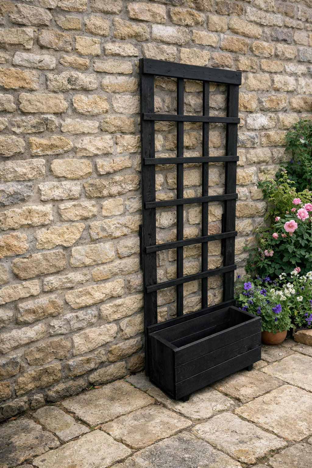 Heavy-Duty Wooden Planter with Trellis Plant Support - Modern Black Finish