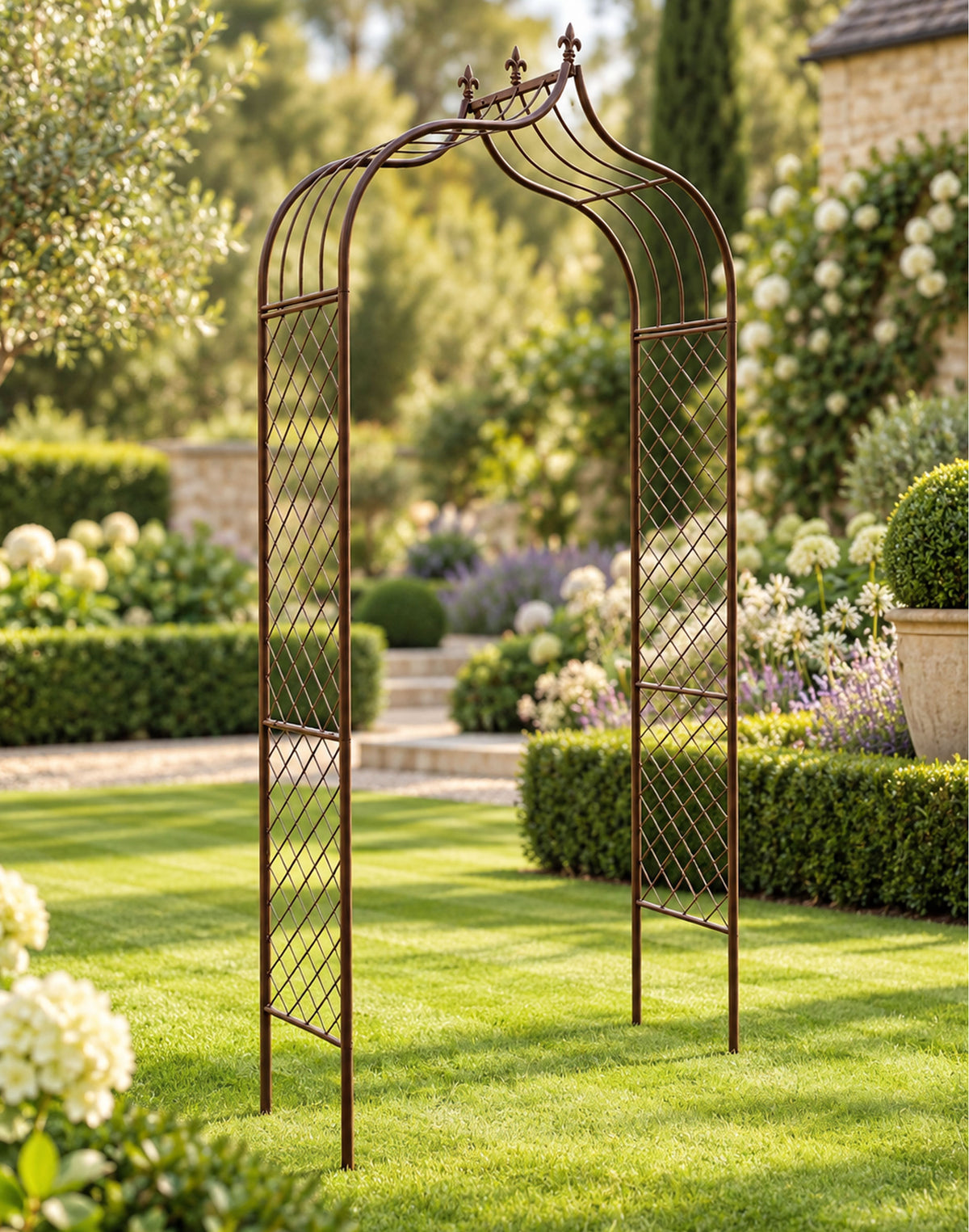 Decorative Finial Metal Garden Arch with Lattice Side Panels – Heritage Brown - (H)240cm x (W)120cm