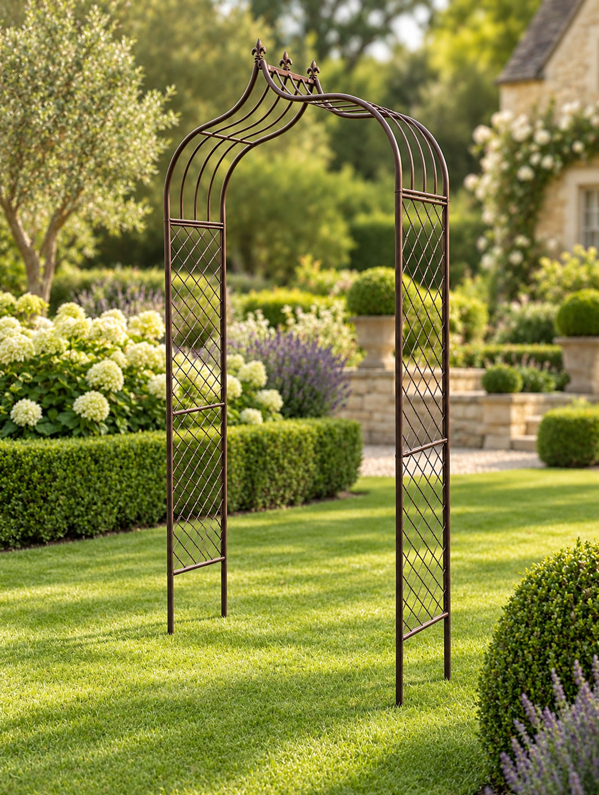 Decorative Finial Metal Garden Arch with Lattice Side Panels – Heritage Brown - (H)240cm x (W)120cm