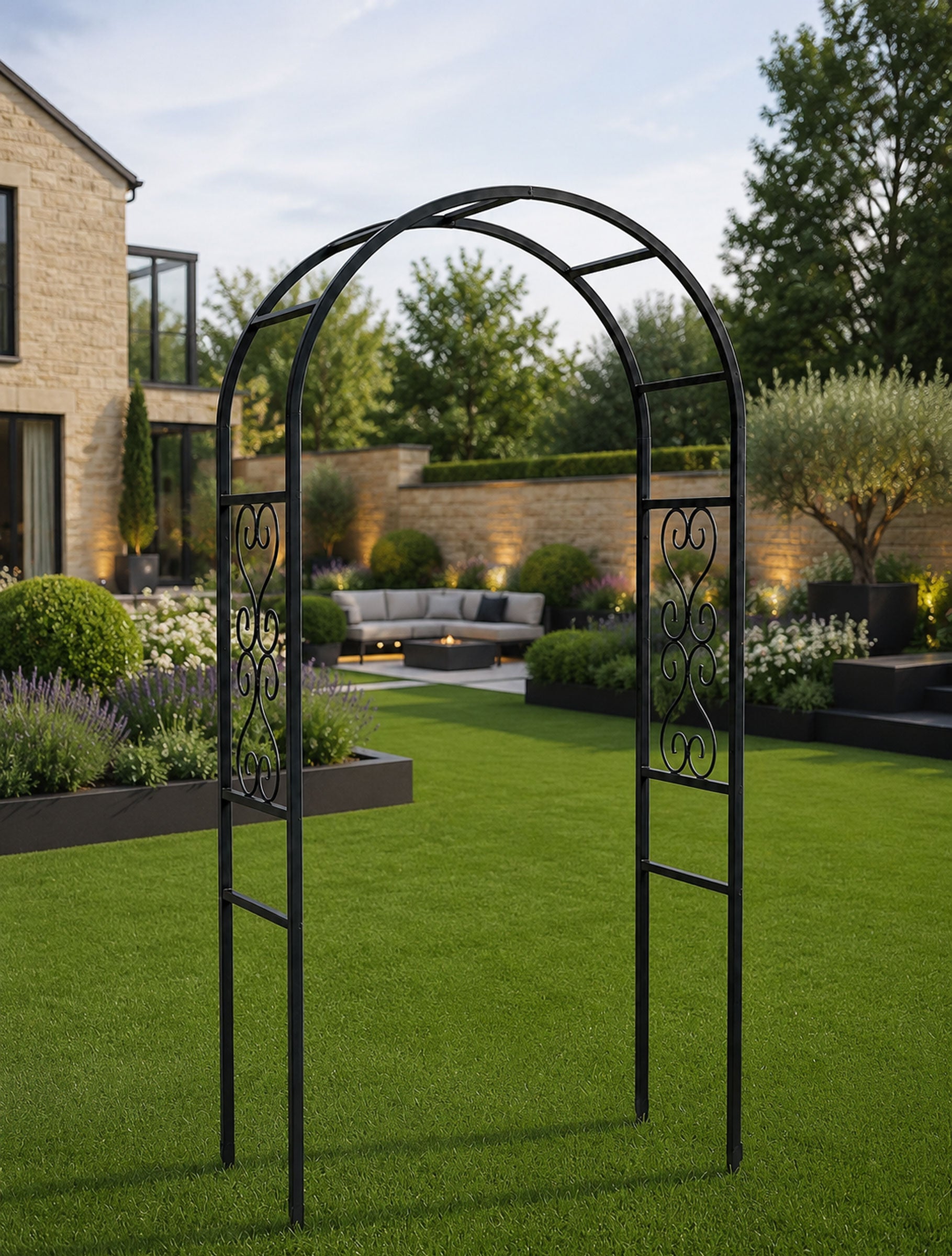 Decorative Black Steel Garden Arch for Roses, Clematis, Honeysuckle & Climbing Plants