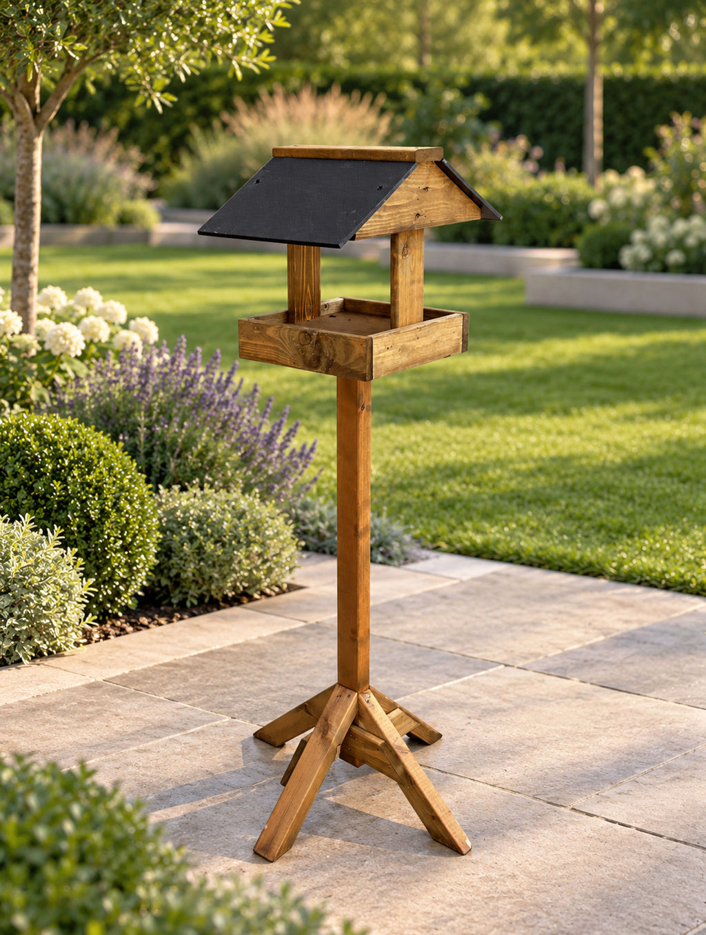 Coverham Wooden Bird Table with Stand - Timber Garden Feeder with Black Roof