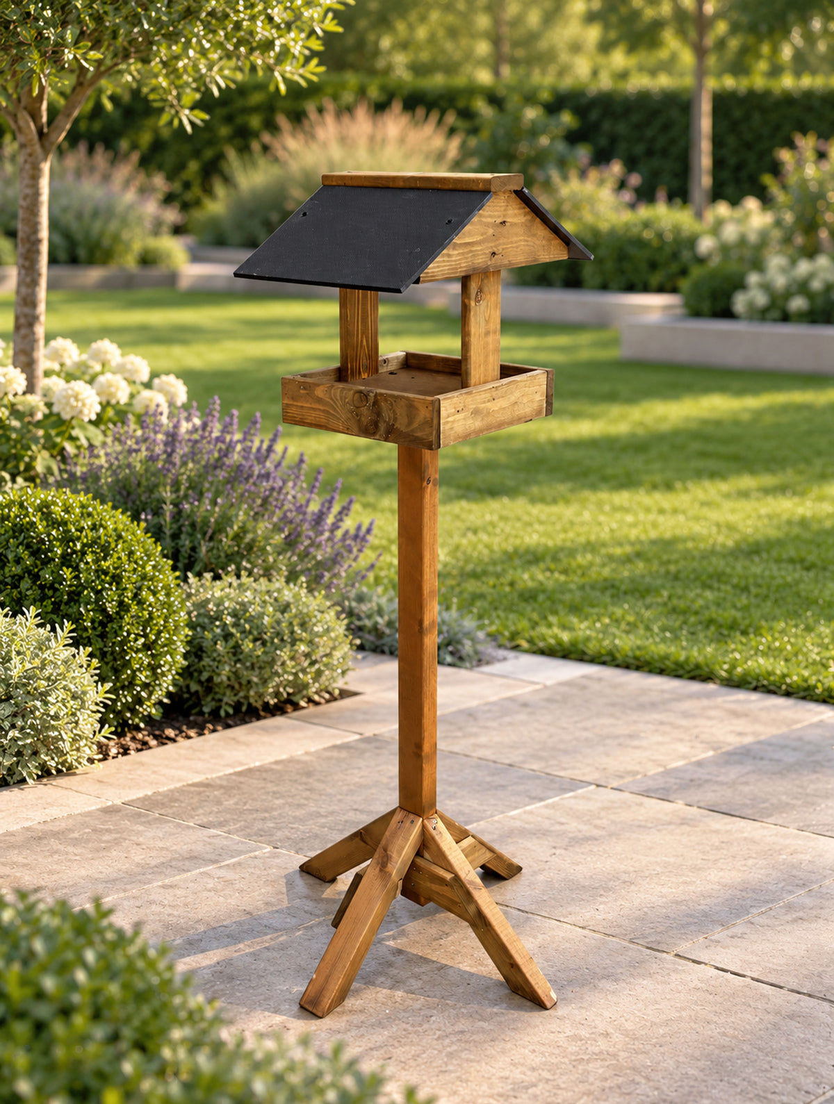 Coverham Wooden Bird Table with Stand - Timber Garden Feeder with Black Roof