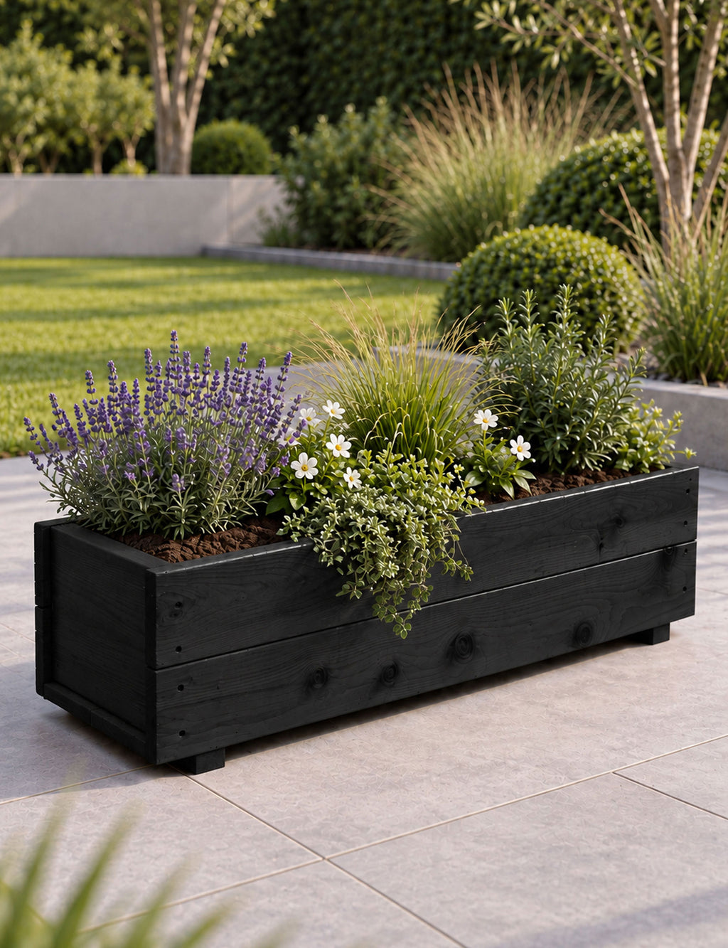 Twin Pack Black Wooden Garden Planters Heavy Duty Flower Plant Trough Boxes Fully Assembled  Patio Herb 80cm Long