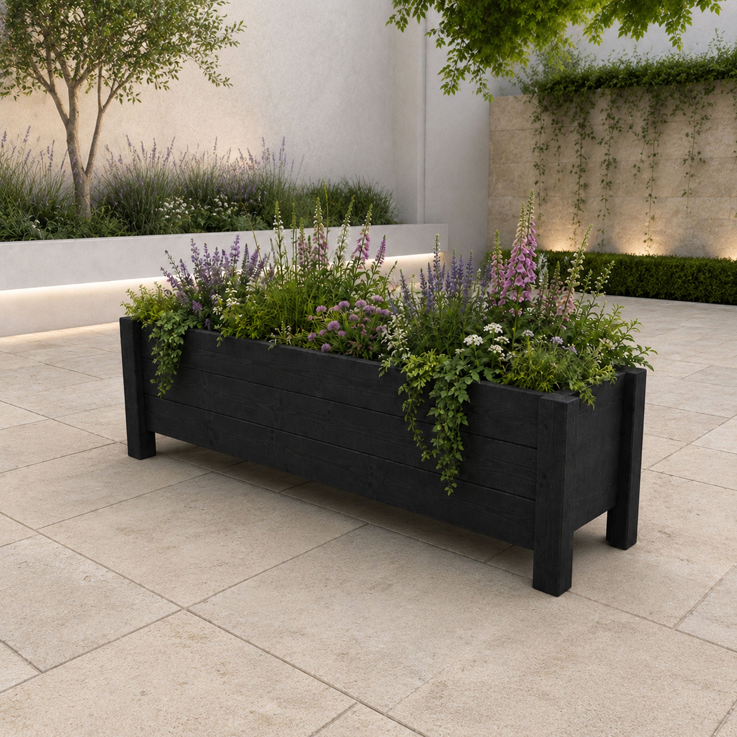 Raised Wooden Planter Trough - Handcrafted Black Timber Planter with Elevated Base