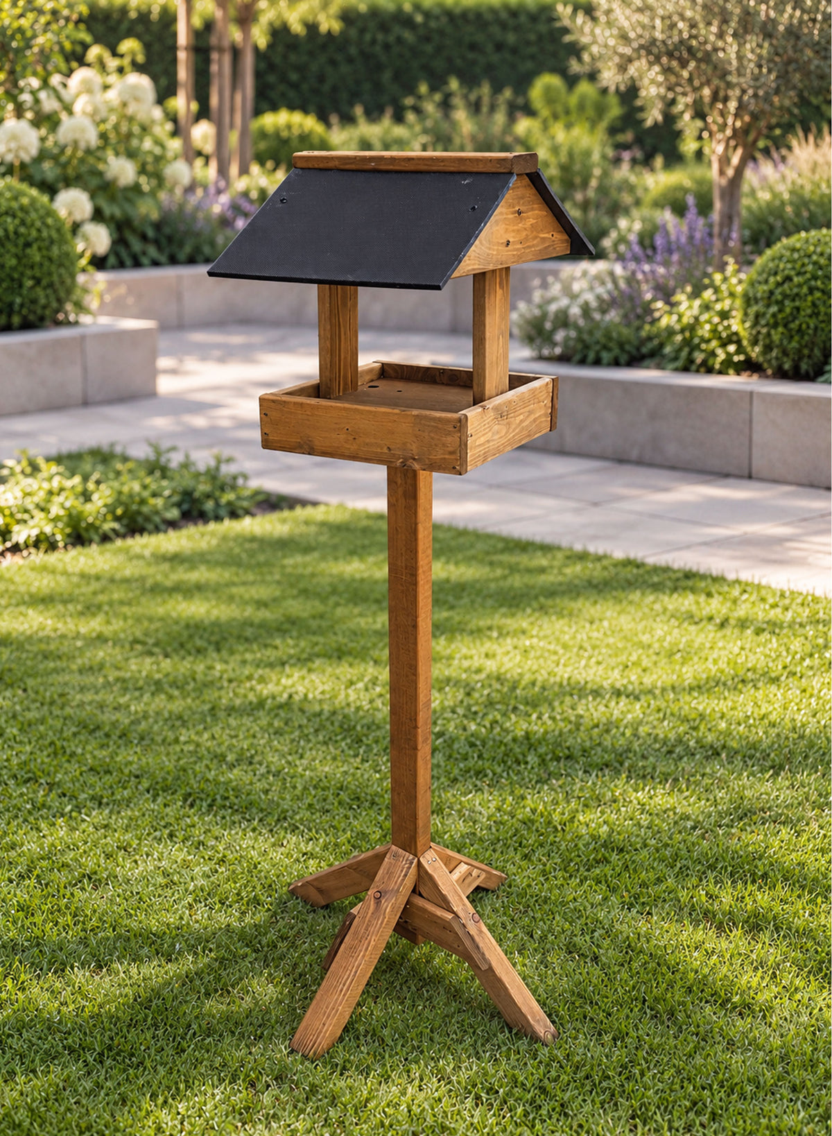Coverham Wooden Bird Table with Stand - Timber Garden Feeder with Black Roof