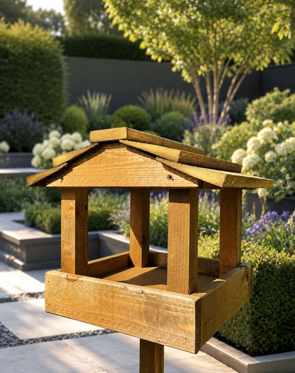 Wooden Bird Table with Stand - Freestanding Garden Wild Bird Feeder 130cm High