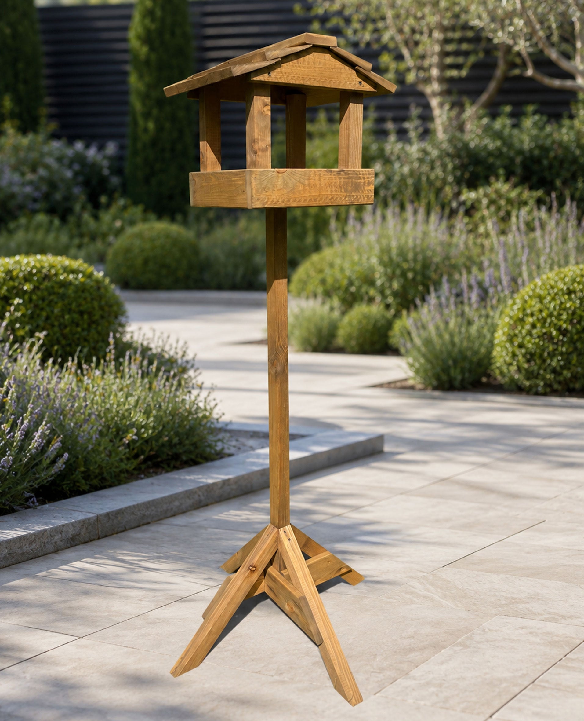 Wooden Bird Table with Stand - Freestanding Garden Wild Bird Feeder 130cm High