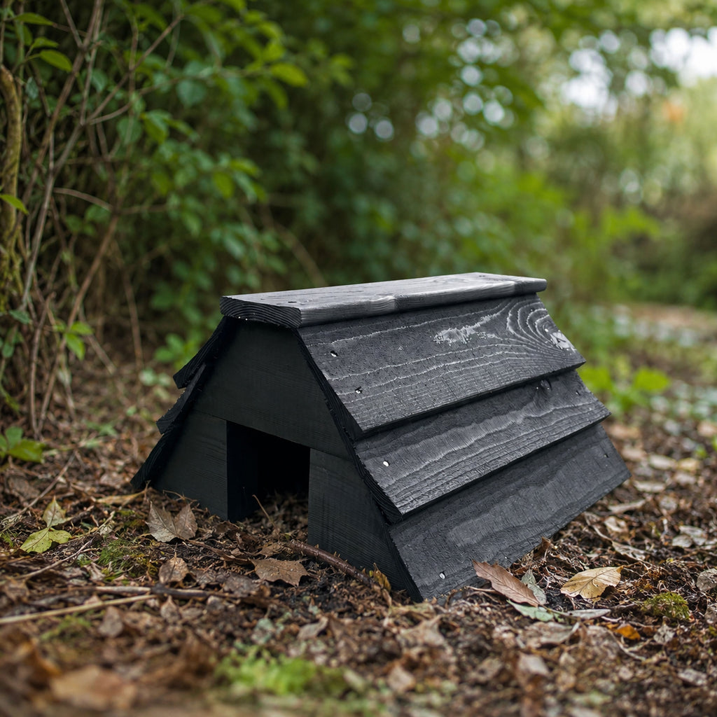 Black Wooden Garden Hedgehog House - Fully Assembled Hibernation Nest Box & Shelter