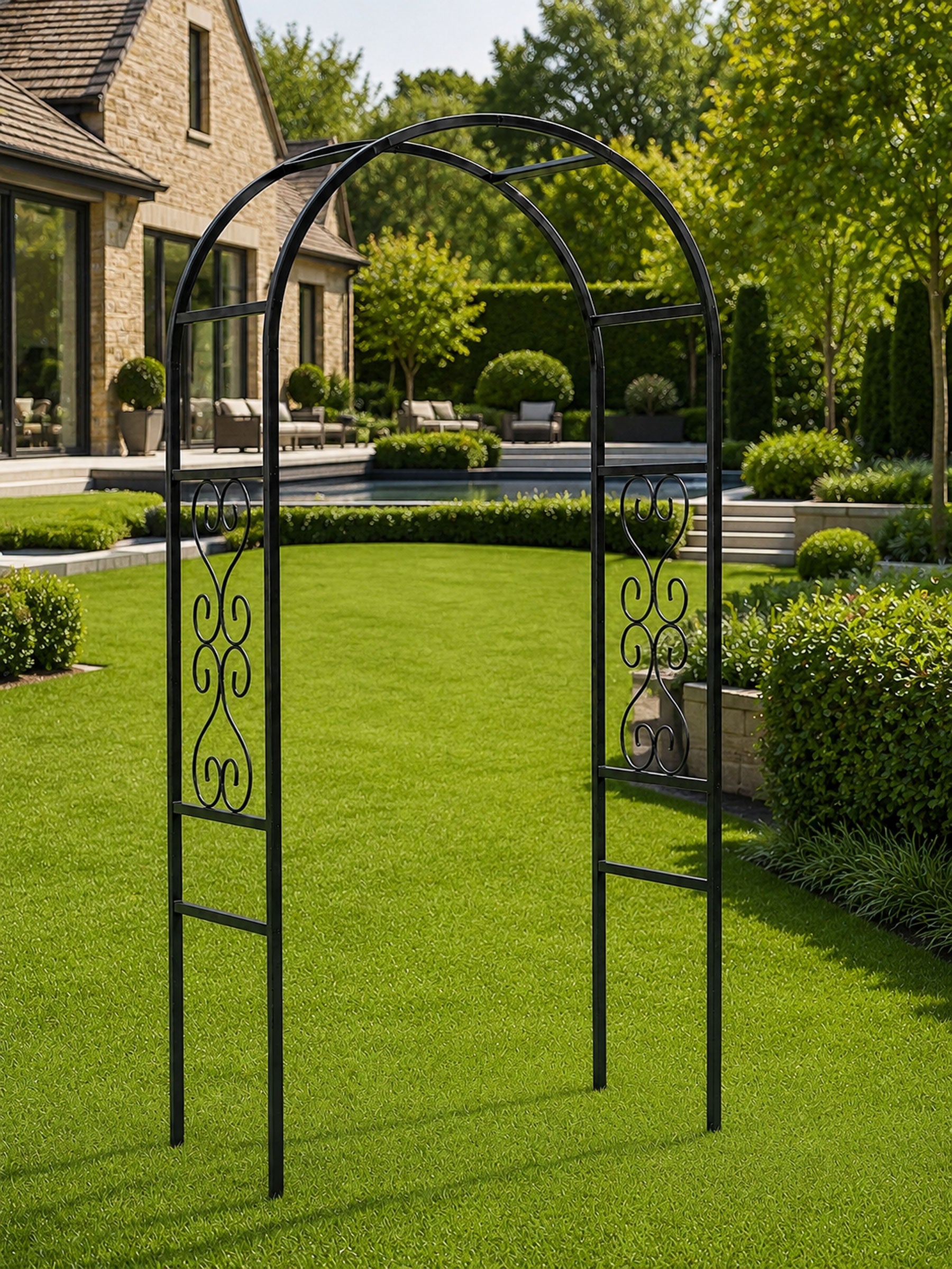 Decorative Black Steel Garden Arch for Roses, Clematis, Honeysuckle & Climbing Plants