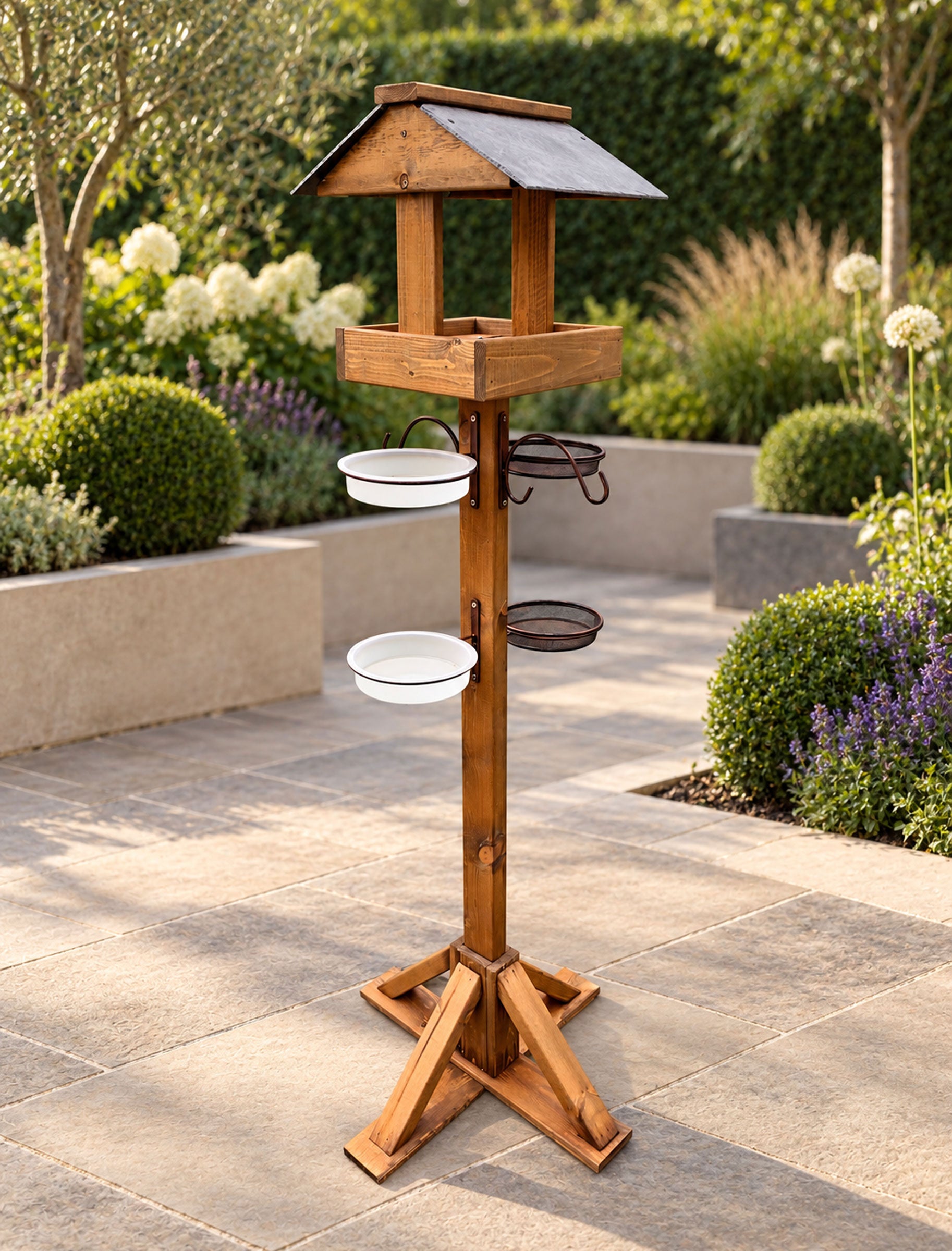 Wooden Garden Bird Table Feeding Station with Real Slate Roof, Feeding Trays, Water Dishes, Hanging Hooks & 4 Heavy Duty Stabiliser Pegs