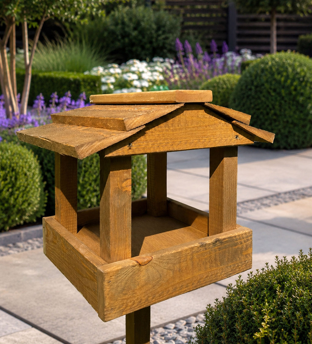 Wooden Bird Table with Stand - Freestanding Garden Wild Bird Feeder 130cm High