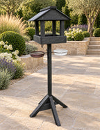 Black Wooden Bird Table with Genuine Slate Roof, Bird Bath, Feeding Tray & Feeder Station