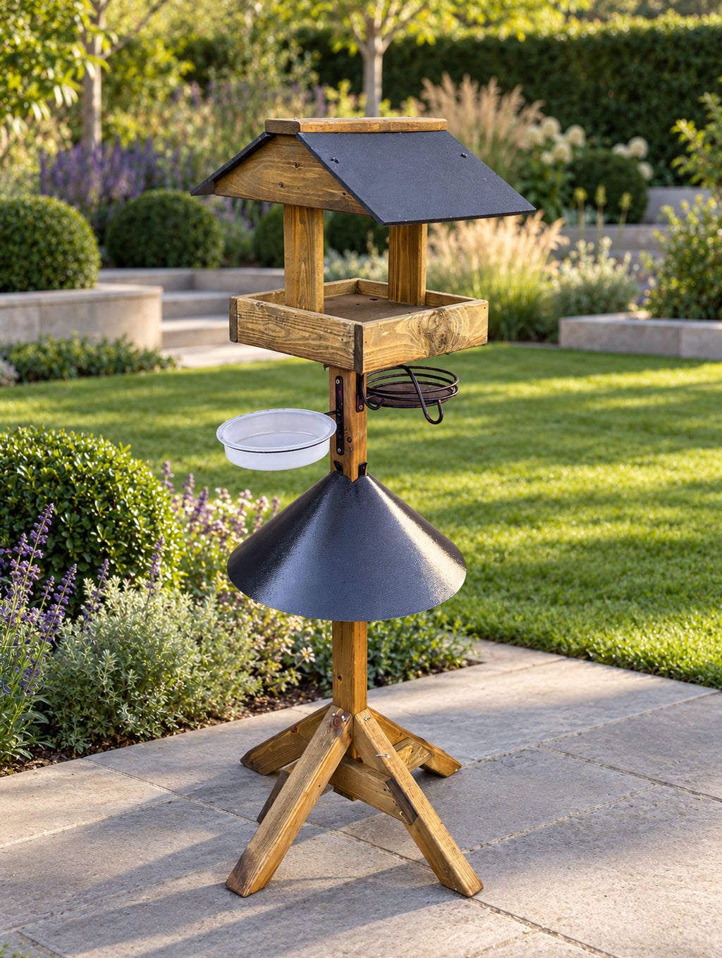Wooden Garden Bird Feeding Station with Squirrel Baffle, Water Bowl & Mesh Tray - Coverham