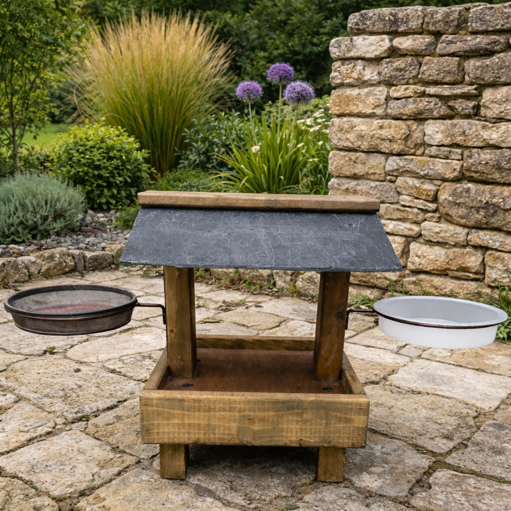 Low Level Wild Bird Feeding Water Feed Station Outdoor Slate Roof Platform