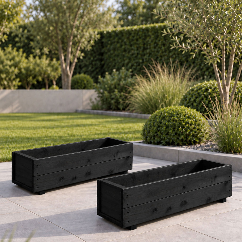 Twin Pack Black Wooden Garden Planters Heavy Duty Flower Plant Trough Boxes Fully Assembled  Patio Herb 80cm Long
