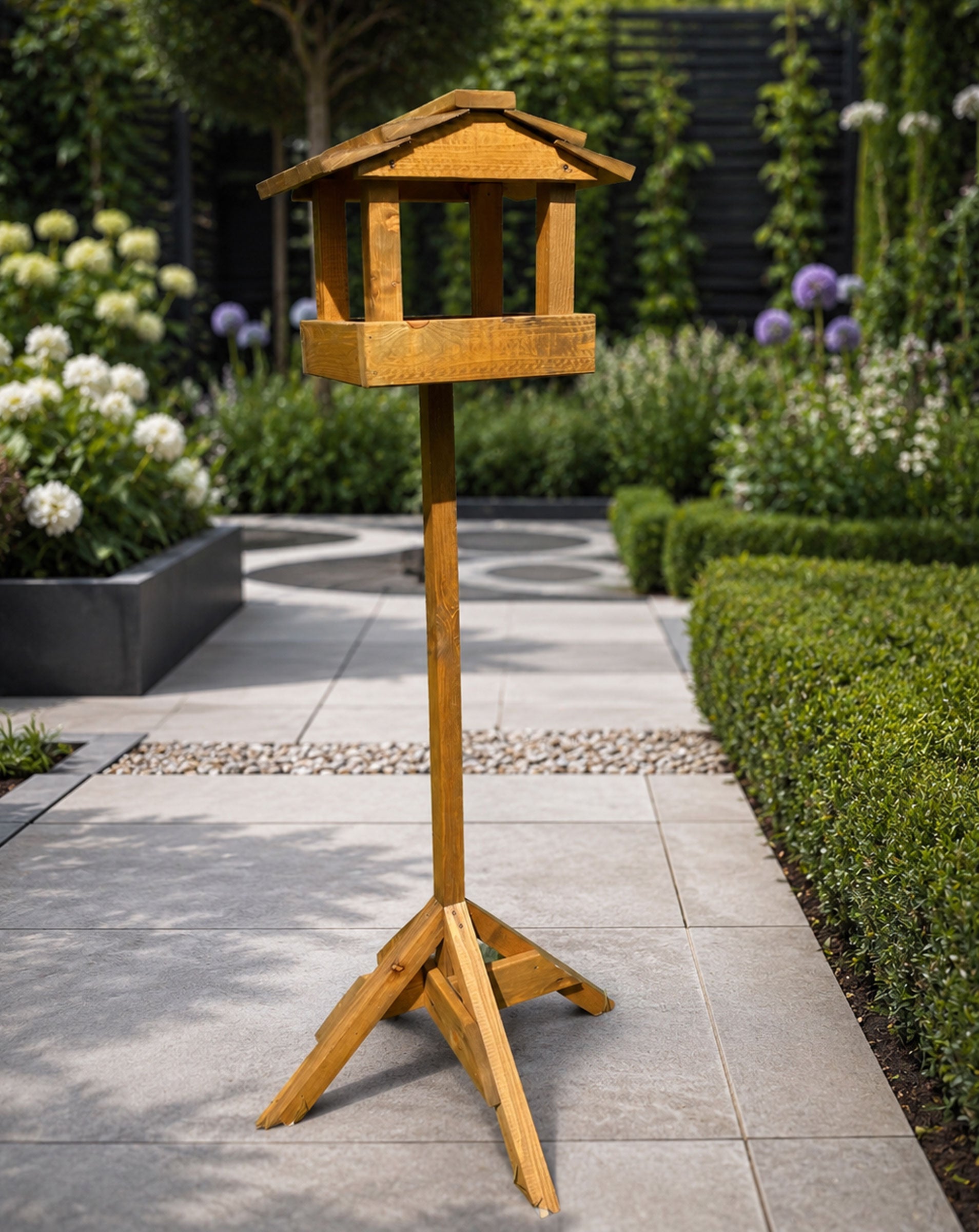 Wooden Bird Table with Stand - Freestanding Garden Wild Bird Feeder 130cm High