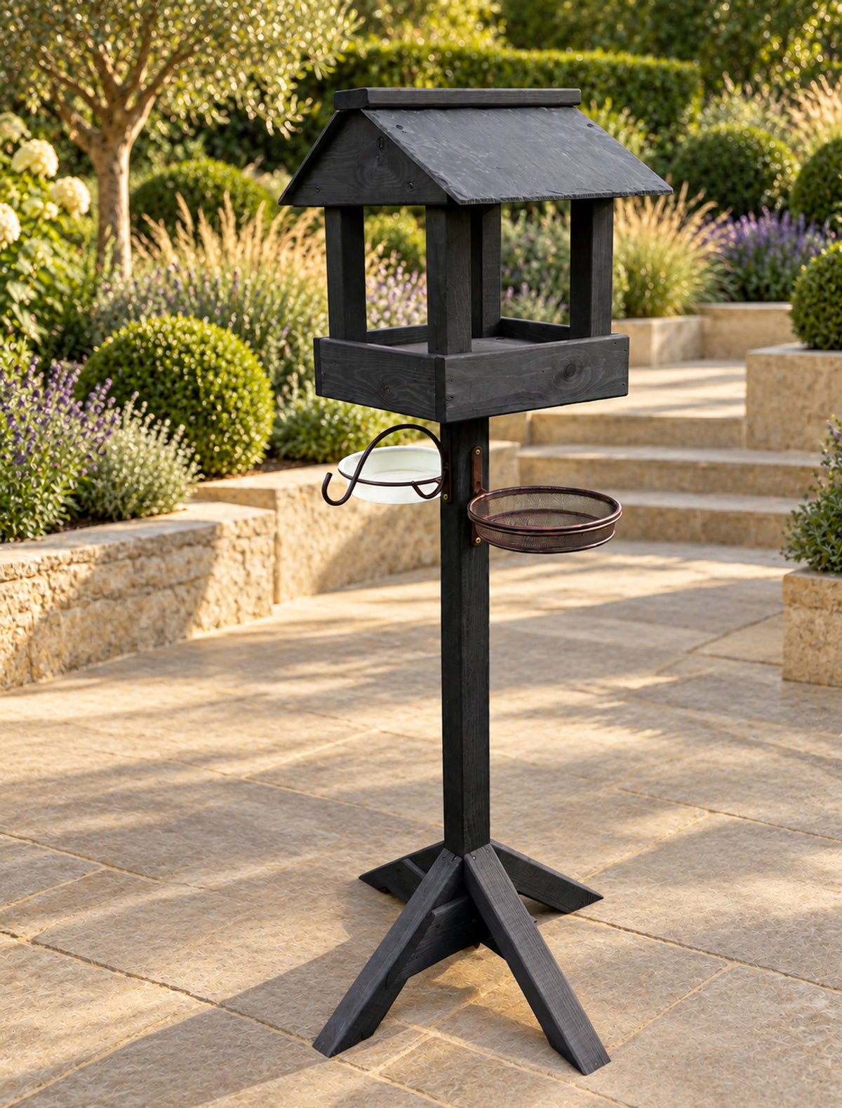 Black Wooden Bird Table with Genuine Slate Roof, Bird Bath, Feeding Tray & Feeder Station