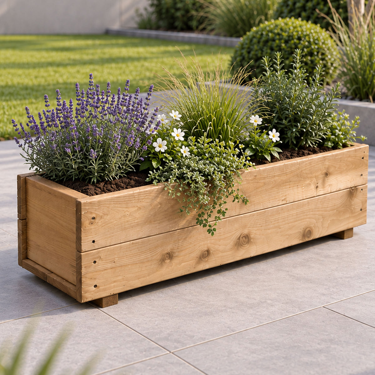 Twin Pack Tan Wooden Garden Planters Heavy Duty Flower Plant Trough Boxes Patio Herb 80cm Long  Fully Assembled