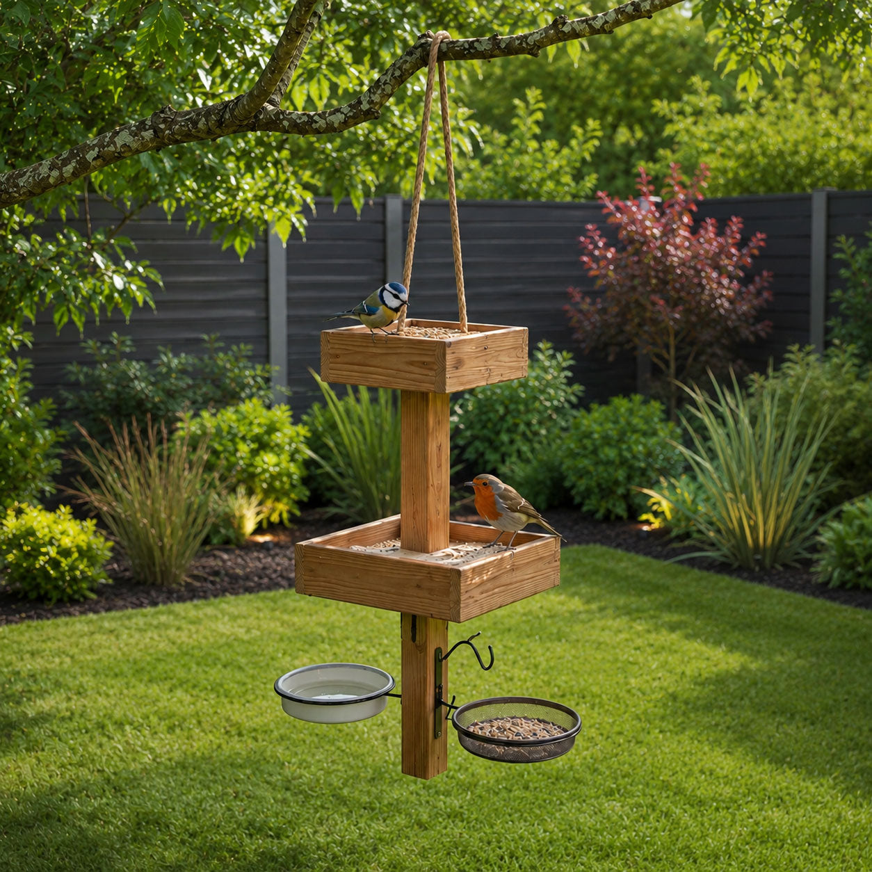 Hanging Bird Table Bird Feeding Station Wooden Garden Feeder - Water and Mesh Dishes