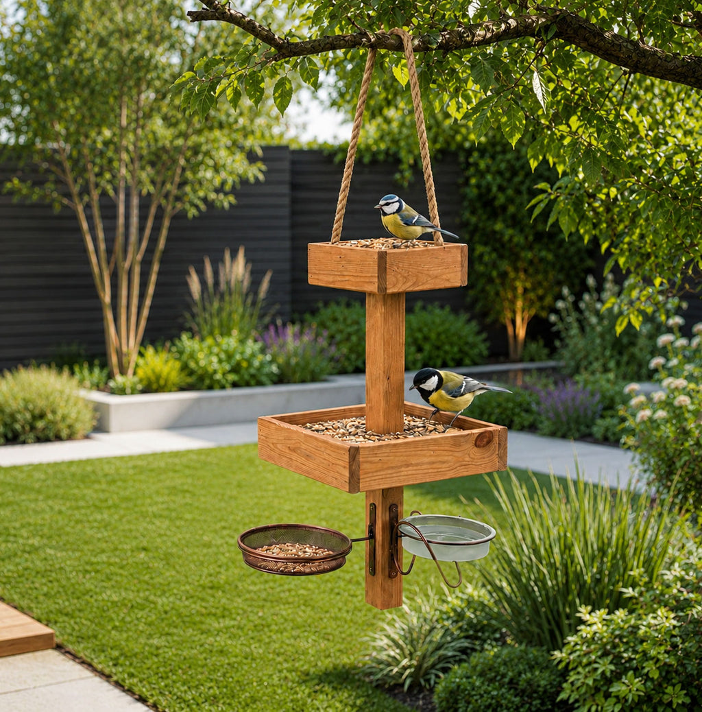 Hanging Bird Table Bird Feeding Station Wooden Garden Feeder - Water and Mesh Dishes