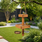 Hanging Bird Table Bird Feeding Station Wooden Garden Feeder - Water and Mesh Dishes