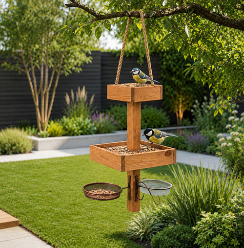Hanging Bird Table Bird Feeding Station Wooden Garden Feeder - Water and Mesh Dishes