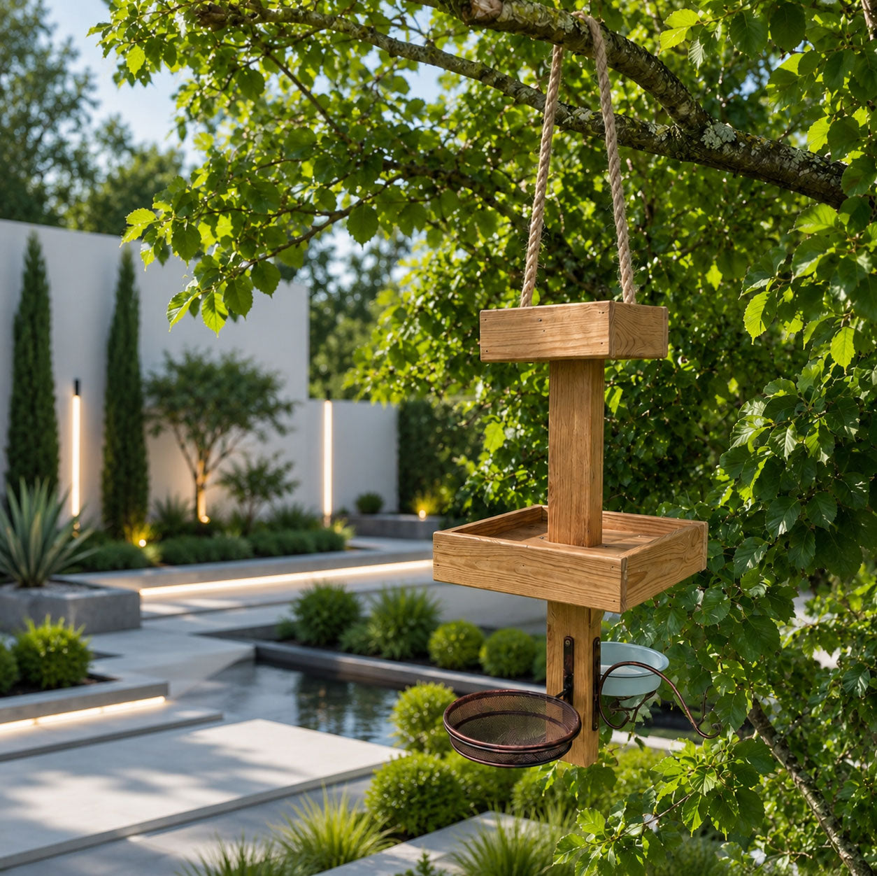 Hanging Bird Table Bird Feeding Station Wooden Garden Feeder - Water and Mesh Dishes