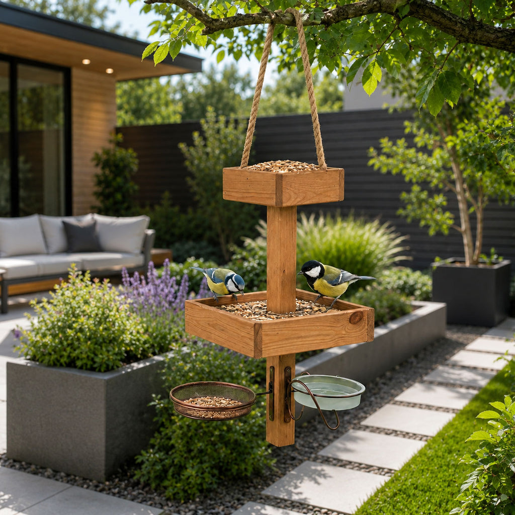 Hanging Bird Table Bird Feeding Station Wooden Garden Feeder - Water and Mesh Dishes